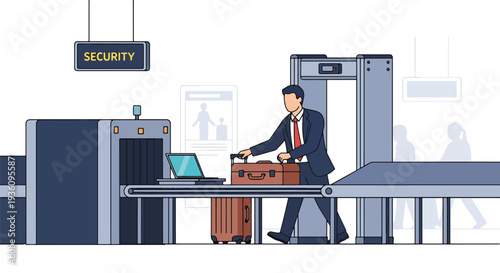 Modern flat vector illustration of business traveler passing airport security check with luggage and laptop tray representing routine corporate travel procedure and safety