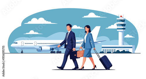 Modern flat vector illustration of business professionals boarding airplane with luggage representing corporate trip, global mobility and international business travel
