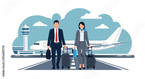 Modern flat vector illustration of business professionals boarding airplane with luggage representing corporate trip, global mobility and international business travel