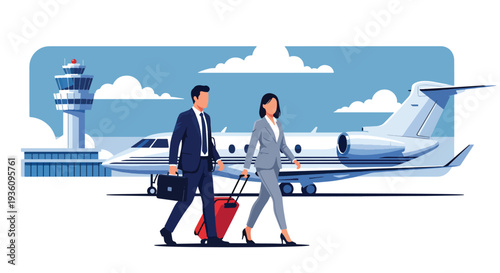 Modern flat vector illustration of business professionals boarding airplane with luggage representing corporate trip, global mobility and international business travel