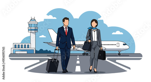 Modern flat vector illustration of business professionals boarding airplane with luggage representing corporate trip, global mobility and international business travel