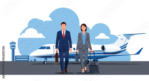 Modern flat vector illustration of business professionals boarding airplane with luggage representing corporate trip, global mobility and international business travel