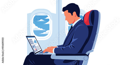 Modern flat vector illustration of business traveler using laptop inside airplane cabin representing productivity during flight and modern remote work lifestyle