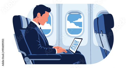 Modern flat vector illustration of business traveler using laptop inside airplane cabin representing productivity during flight and modern remote work lifestyle