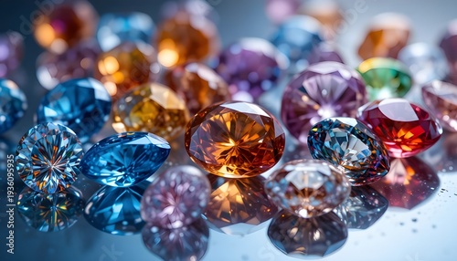 Colorful Assorted Gemstones Collection with Sparkling Diamonds, Sapphires, Topaz and Amethyst – Luxury Precious and Semi Precious Gems on Reflective Surface, Brilliant Cut Jewelry Stones Macro