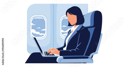 Modern flat vector illustration of business traveler using laptop inside airplane cabin representing productivity during flight and modern remote work lifestyle