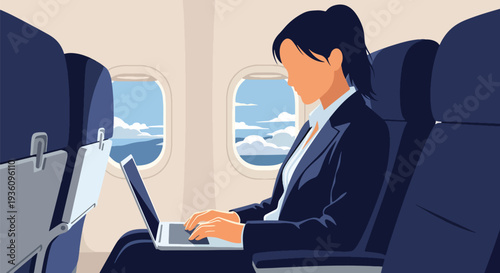 Modern flat vector illustration of business traveler using laptop inside airplane cabin representing productivity during flight and modern remote work lifestyle