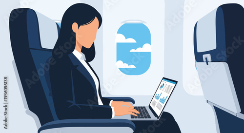 Modern flat vector illustration of business traveler using laptop inside airplane cabin representing productivity during flight and modern remote work lifestyle