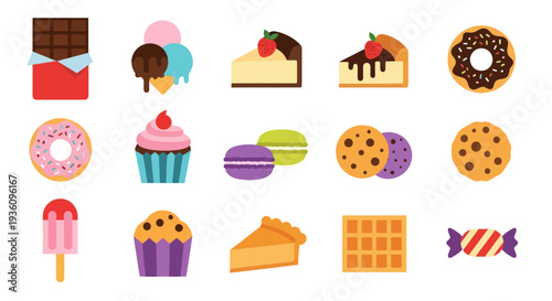 Assorted colorful desserts on white background