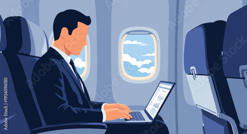 Modern flat vector illustration of business traveler using laptop inside airplane cabin representing productivity during flight and modern remote work lifestyle