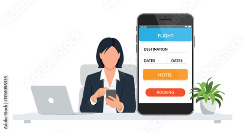 Modern flat vector illustration of business traveler booking flights and hotel on smartphone and laptop representing digital travel planning and corporate management