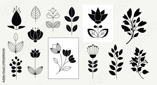A diverse collection of intricate black and white floral and leaf illustrations