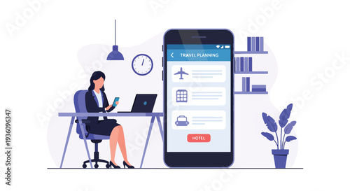 Modern flat vector illustration of business traveler booking flights and hotel on smartphone and laptop representing digital travel planning and corporate management