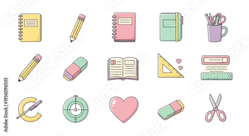 Assorted school supplies and stationery icons