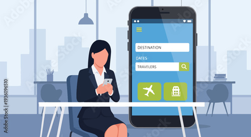 Modern flat vector illustration of business traveler booking flights and hotel on smartphone and laptop representing digital travel planning and corporate management