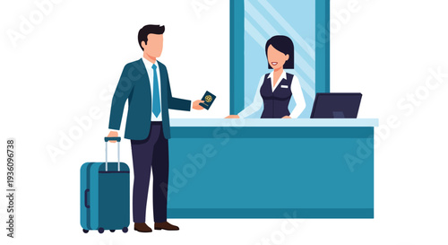 Modern flat vector illustration of business traveler checking in at hotel reception with suitcase representing corporate accommodation and professional travel routine