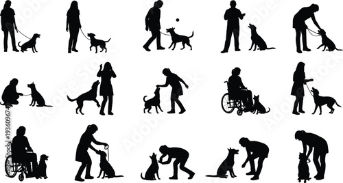 Dog, training, silhouette, owner, pet, obedience, interaction, walking, care, companionship, people, animal, behavior, lifestyle, isolated, black, white, activity, concept, illustration