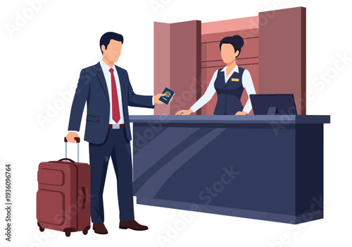 Modern flat vector illustration of business traveler checking in at hotel reception with suitcase representing corporate accommodation and professional travel routine