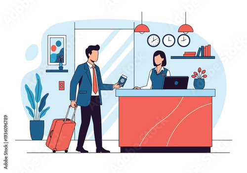 Modern flat vector illustration of business traveler checking in at hotel reception with suitcase representing corporate accommodation and professional travel routine