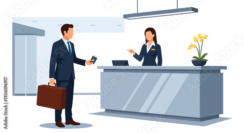 Modern flat vector illustration of business traveler checking in at hotel reception with suitcase representing corporate accommodation and professional travel routine