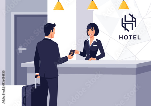Modern flat vector illustration of business traveler checking in at hotel reception with suitcase representing corporate accommodation and professional travel routine