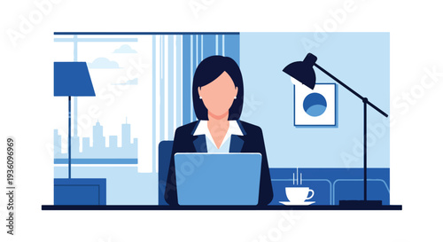 Modern flat vector illustration of business traveler working in hotel bedroom with laptop and coffee representing calm corporate travel routine 