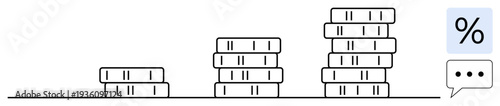 Financial growth, investment, profit analysis, savings, economic monitoring, and banking. Stacks of coins increasing in height with a percentage sign and a speech bubble. Financial growth