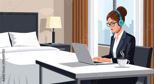 Modern flat vector illustration of business traveler working in hotel bedroom with laptop and coffee representing calm corporate travel routine 