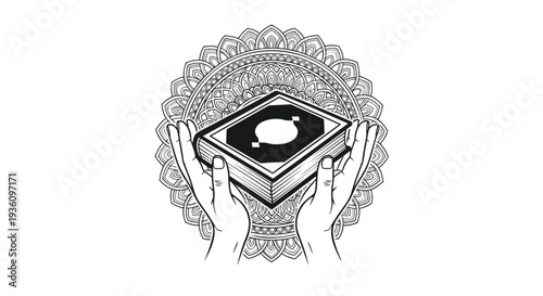 Monochrome vector illustration of hands holding a book with a decorative mandala background, ideal for spiritual, religious, or educational designs.