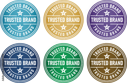 "Trusted Brand Badge Seal Collection in Multiple Colors with Vintage Distressed Texture - Circular Star Emblems, Quality Assurance Stamps, Retail Trust Marks, Authentic Product Verification Labels Set