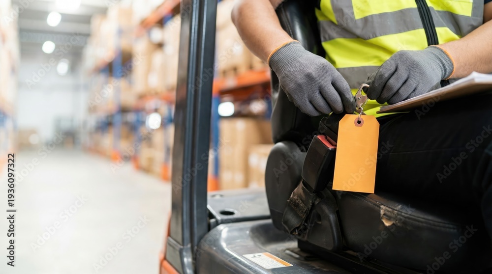 Fototapeta premium Forklift operator hands holding a clipboard and an orange blank shipping tag