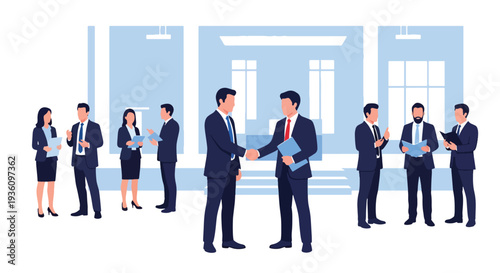 Modern flat vector illustration of professionals networking and shaking hands at conference venue representing partnership, communication and corporate travel event