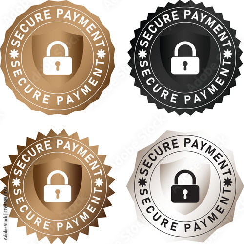 "Secure Payment Badge Seal Set with Padlock Icons in Gold Black Bronze Silver Metallic Finishes - Financial Transaction Protection Stamps, E-commerce Safety Verification, Trusted Payment Gateway Emble