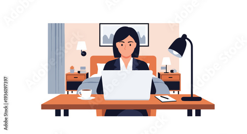 Modern flat vector illustration of business traveler working in hotel bedroom with laptop and coffee representing calm corporate travel routine 