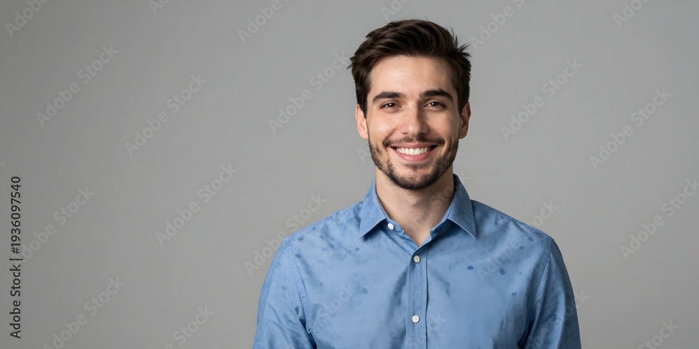 Obraz premium Young man in blue shirt looks directly at the camera with a warm smile