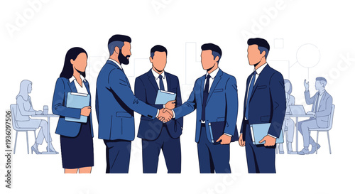 Modern flat vector illustration of professionals networking and shaking hands at conference venue representing partnership, communication and corporate travel event