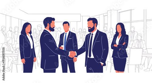 Modern flat vector illustration of professionals networking and shaking hands at conference venue representing partnership, communication and corporate travel event