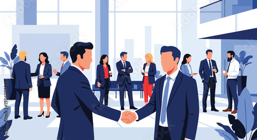 Modern flat vector illustration of professionals networking and shaking hands at conference venue representing partnership, communication and corporate travel event