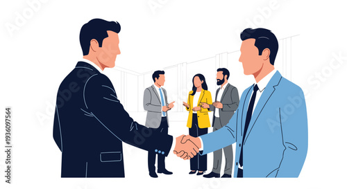 Modern flat vector illustration of professionals networking and shaking hands at conference venue representing partnership, communication and corporate travel event