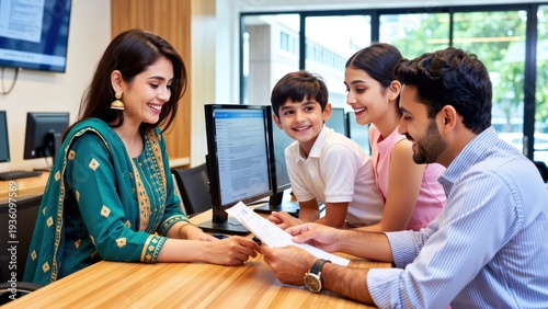 indian family reviewing documents with a female bank consultant in a modern office setting