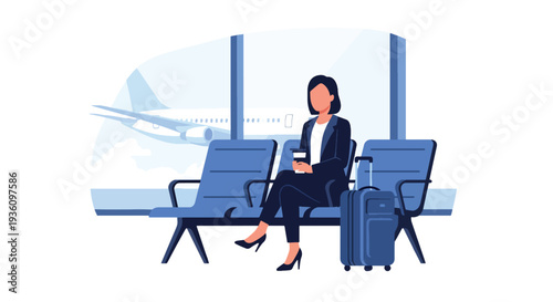 Modern flat vector illustration of business traveler waiting at airport gate with suitcase and coffee representing calm corporate travel routine before departure