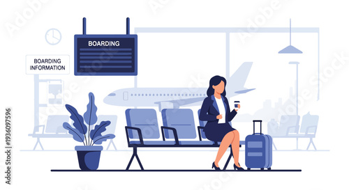 Modern flat vector illustration of business traveler waiting at airport gate with suitcase and coffee representing calm corporate travel routine before departure