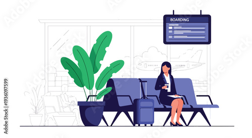 Modern flat vector illustration of business traveler waiting at airport gate with suitcase and coffee representing calm corporate travel routine before departure
