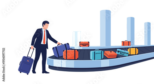 Modern flat vector illustration of business traveler collecting luggage from baggage carousel representing arrival routine and corporate travel journey completion