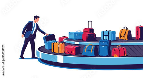 Modern flat vector illustration of business traveler collecting luggage from baggage carousel representing arrival routine and corporate travel journey completion