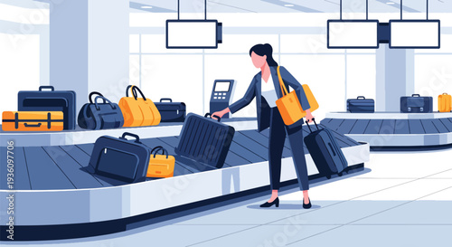 Modern flat vector illustration of business traveler collecting luggage from baggage carousel representing arrival routine and corporate travel journey completion