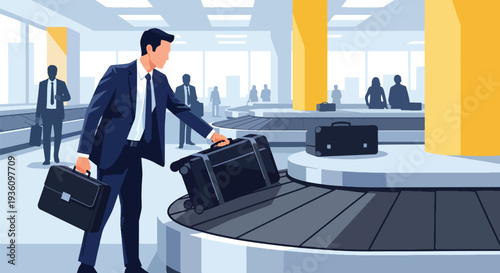 Modern flat vector illustration of business traveler collecting luggage from baggage carousel representing arrival routine and corporate travel journey completion