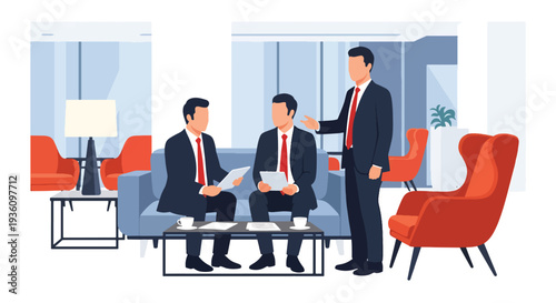 Modern flat vector illustration of business professional giving presentation in hotel lobby room representing corporate meeting, seminar and global business travel