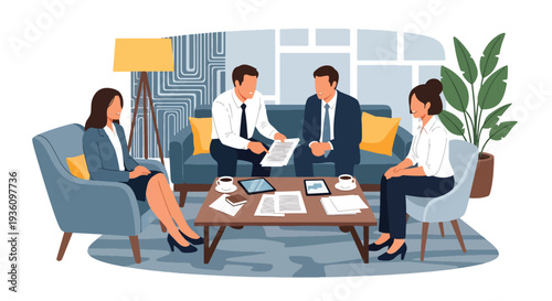 Modern flat vector illustration of business professional giving presentation in hotel lobby room representing corporate meeting, seminar and global business travel