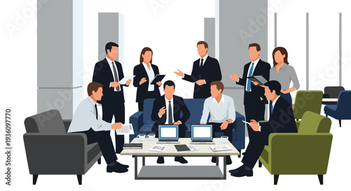 Modern flat vector illustration of business professional giving presentation in hotel lobby room representing corporate meeting, seminar and global business travel